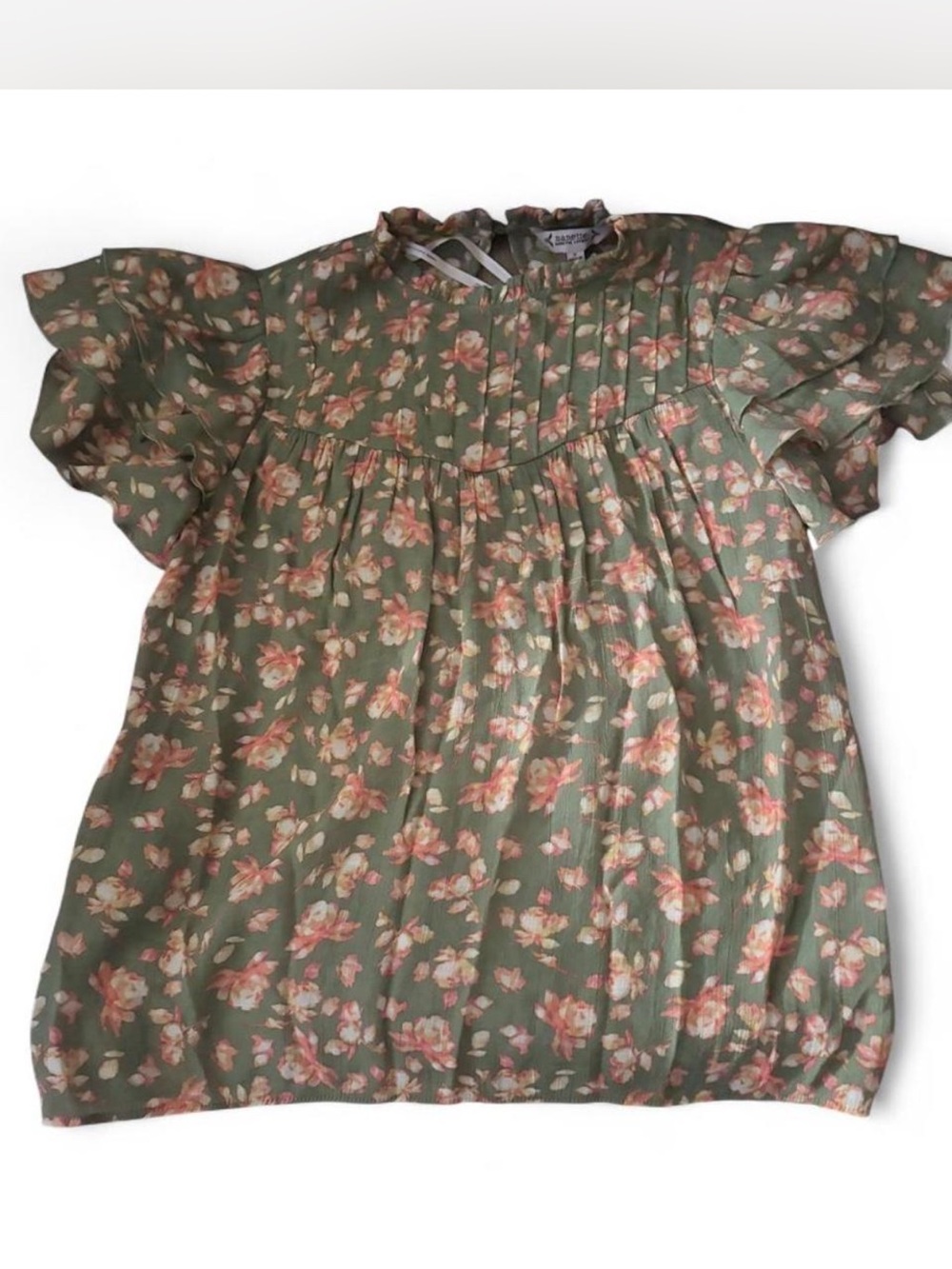 Olive Green Floral Flutter Ruffle Sleeve Top